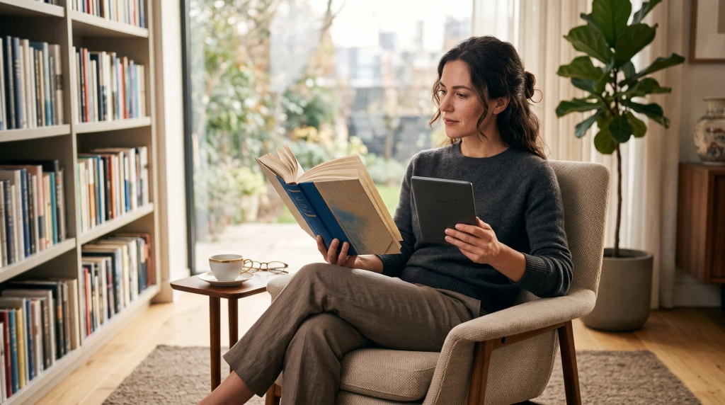 A woman sits in a cozy, bright living room, holding and comparing an open hardcover book and an Amazon Kindle. Bookshelves and a garden window frame the background.
