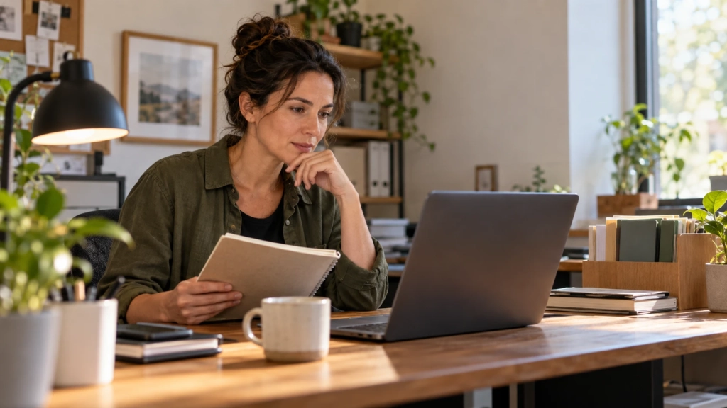 Small-business owner reviewing a customer inquiry draft at a modest office desk.