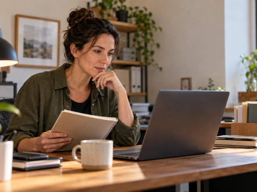 Small-business owner reviewing a customer inquiry draft at a modest office desk.