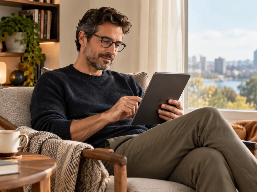 Man reading an ebook on a tablet in a comfortable modern home