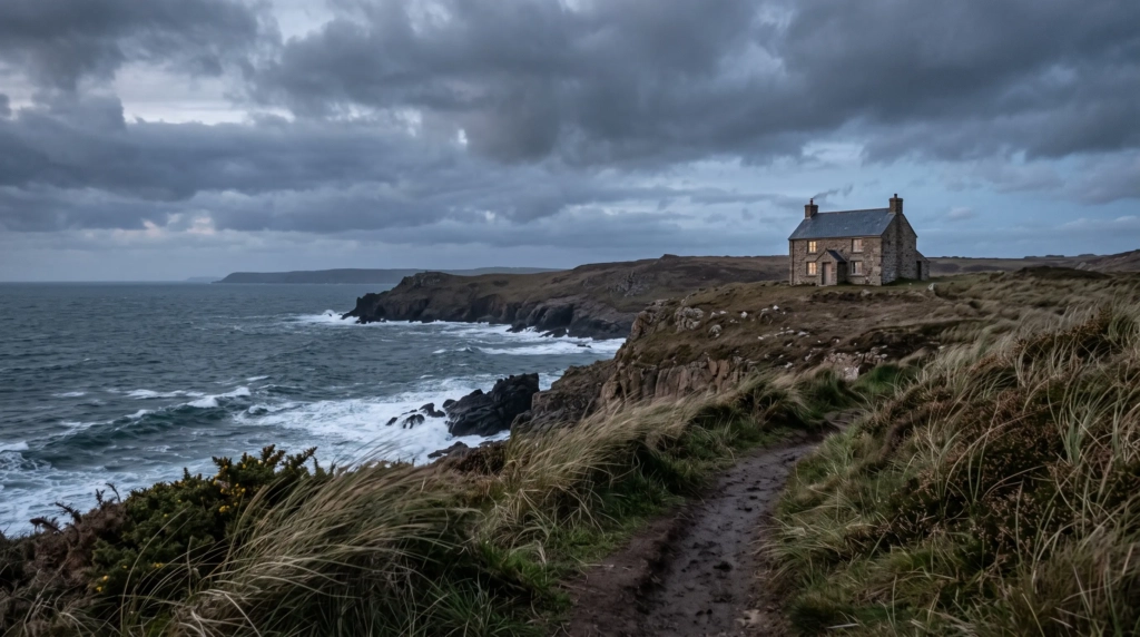 A weathered coastal house above a rocky bay beneath low evening clouds.