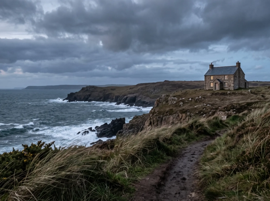 A weathered coastal house above a rocky bay beneath low evening clouds.