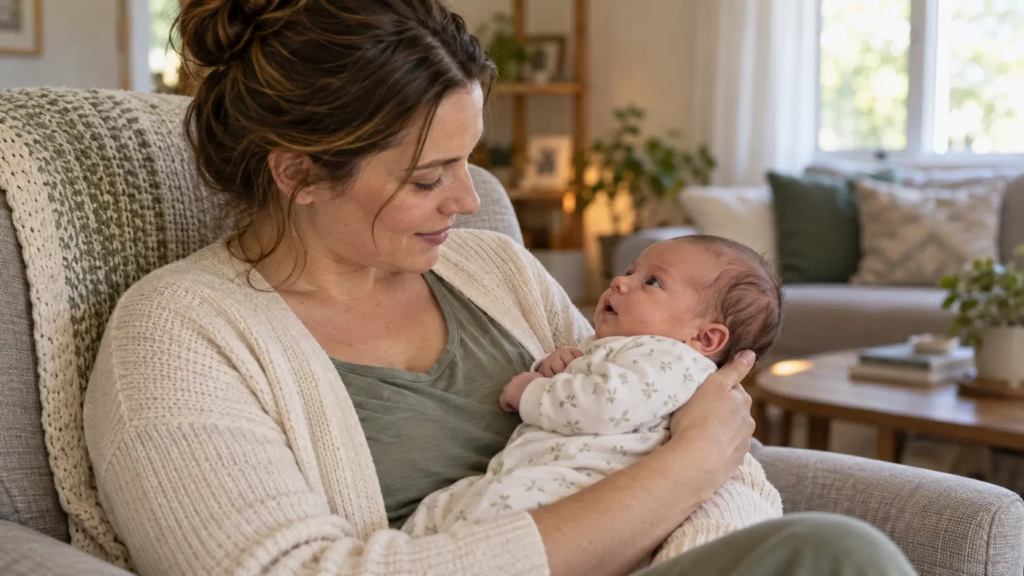 Parent holding an awake newborn and looking at the baby’s face in a softly lit room.