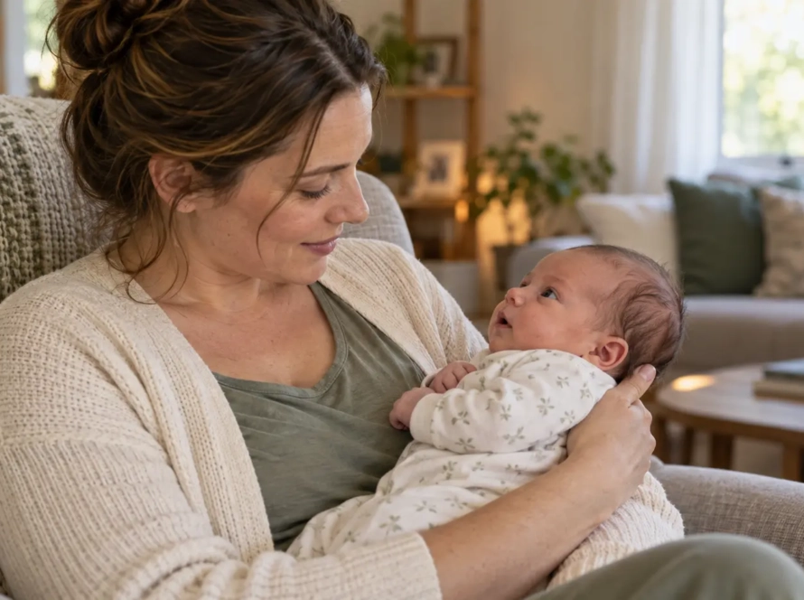 Parent holding an awake newborn and looking at the baby’s face in a softly lit room.