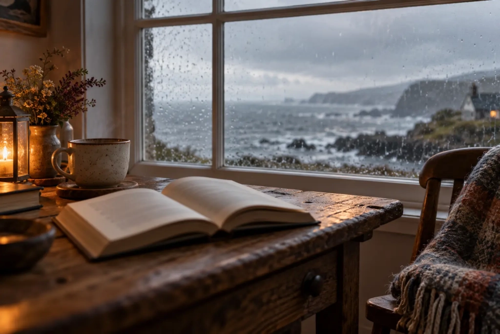 An open book and ceramic cup beside a rain-speckled window overlooking the sea.