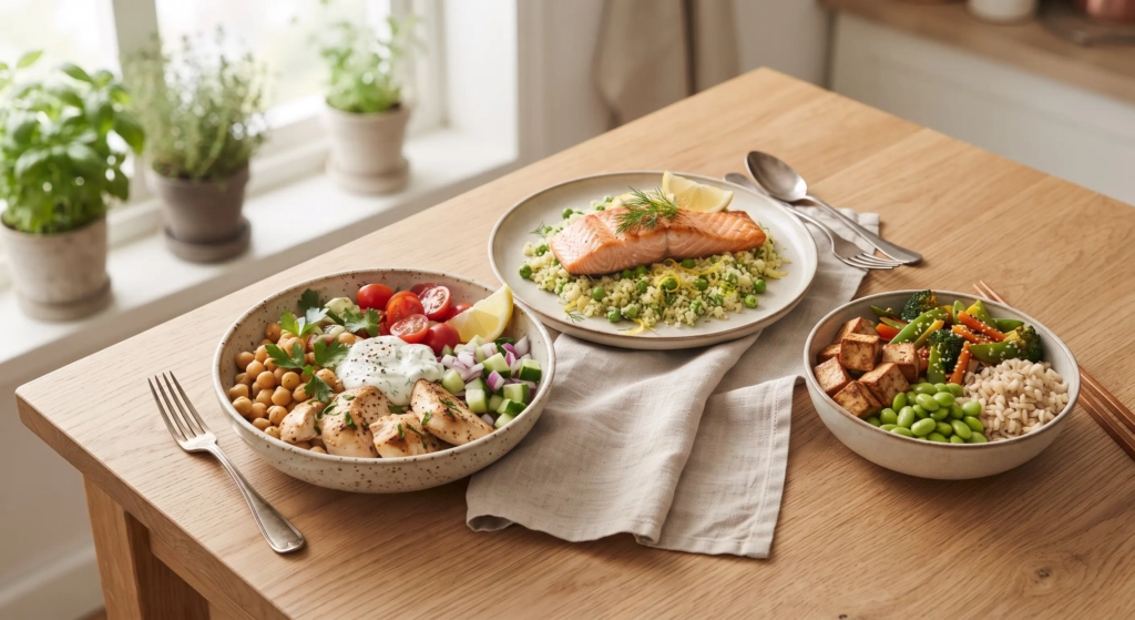 Chicken and chickpea bowl, salmon with pea couscous, and tofu with edamame arranged on a table.