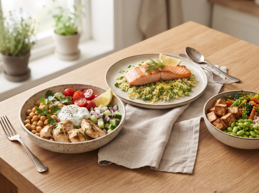 Chicken and chickpea bowl, salmon with pea couscous, and tofu with edamame arranged on a table.