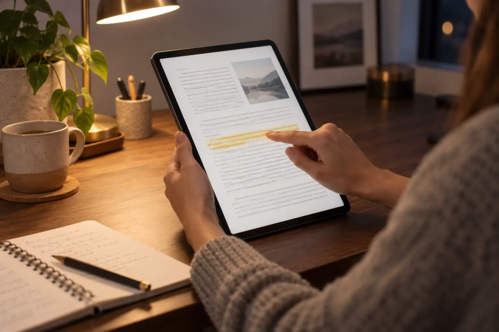 Reader highlighting an ebook passage on a tablet while taking notes