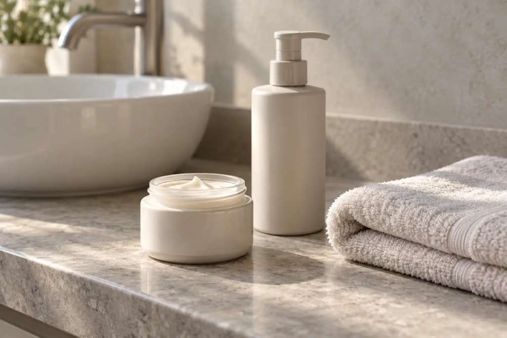 : Unbranded cream jar and cleanser bottle beside a folded towel on a bathroom counter.