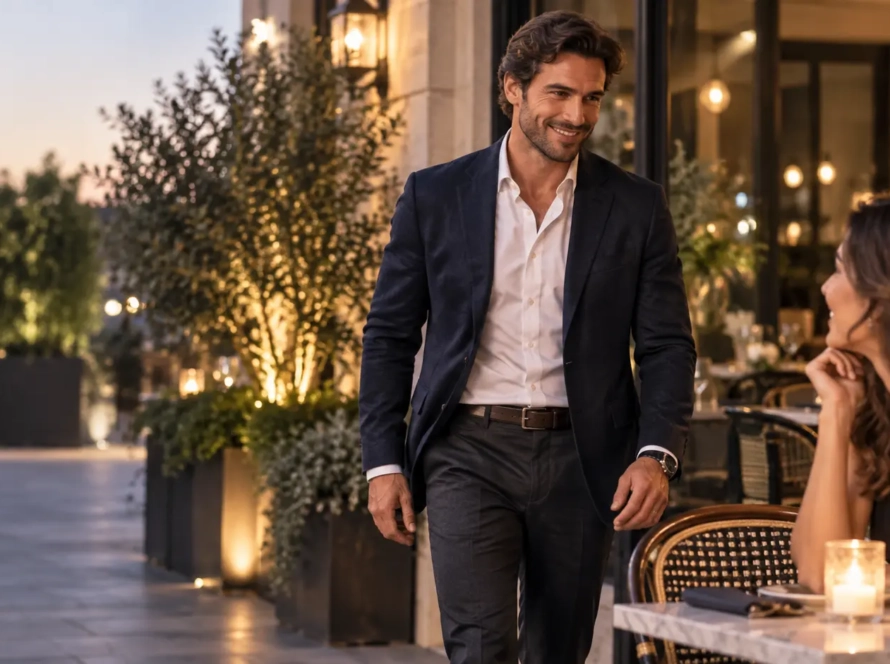 Confident man arriving at a café for a modern first date