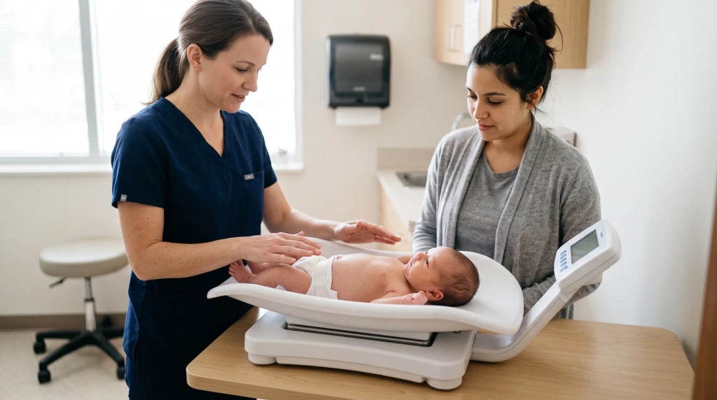 Clinician weighing a diapered newborn on an infant scale while a parent stands beside the baby.
