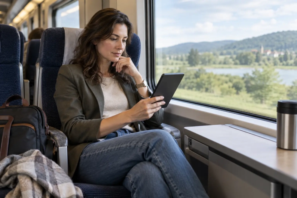 Woman reading an ebook on a train while traveling