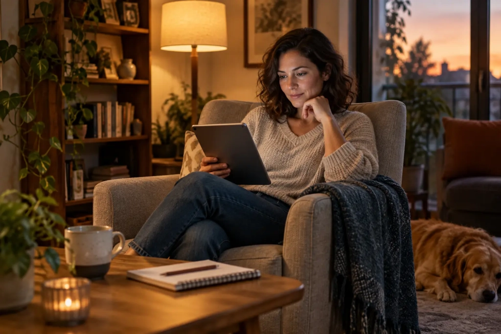 Woman reading an ebook comfortably at home during the evening
