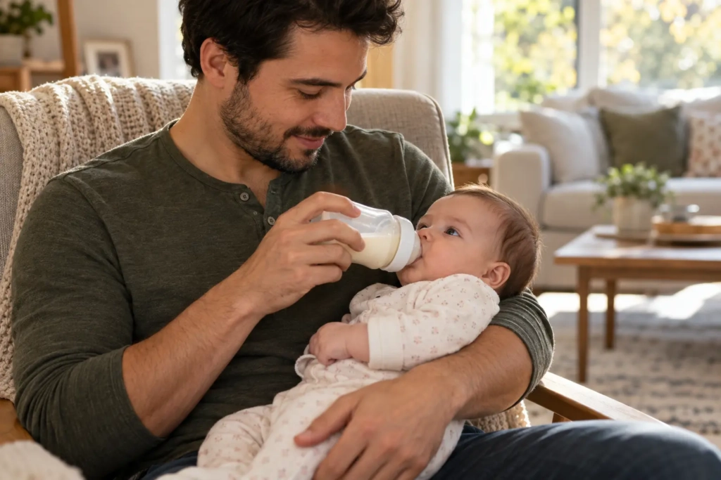 Seated parent supporting a baby semi-upright and holding a bottle nearly horizontal during a feed.