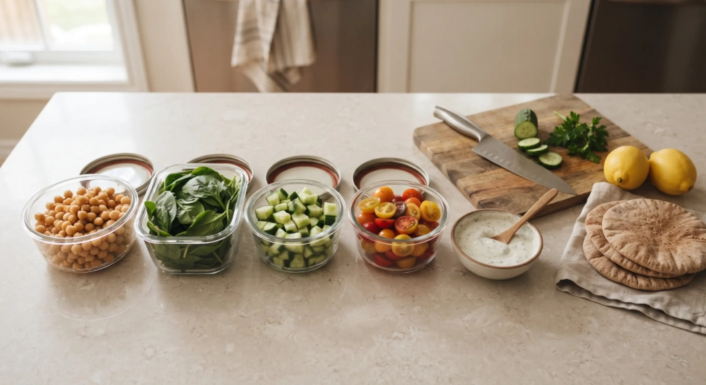 Chickpeas, spinach, chopped vegetables, yogurt dressing, and pita arranged for simple dinner preparation.