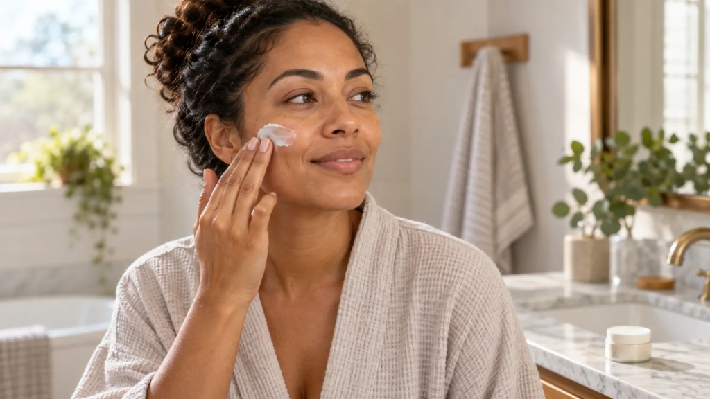 Adult gently applying moisturizer to one cheek beside a bathroom window.