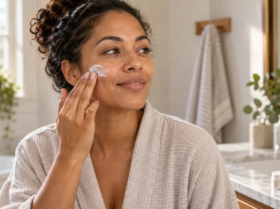 Adult gently applying moisturizer to one cheek beside a bathroom window.