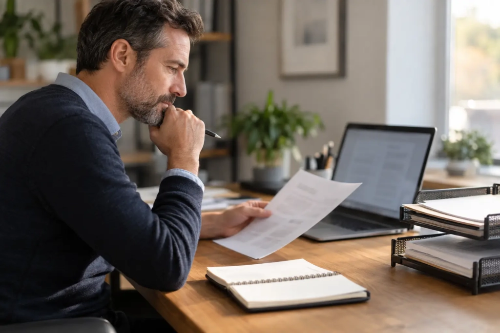 Business owner comparing a paper document with a laptop during an automation review.