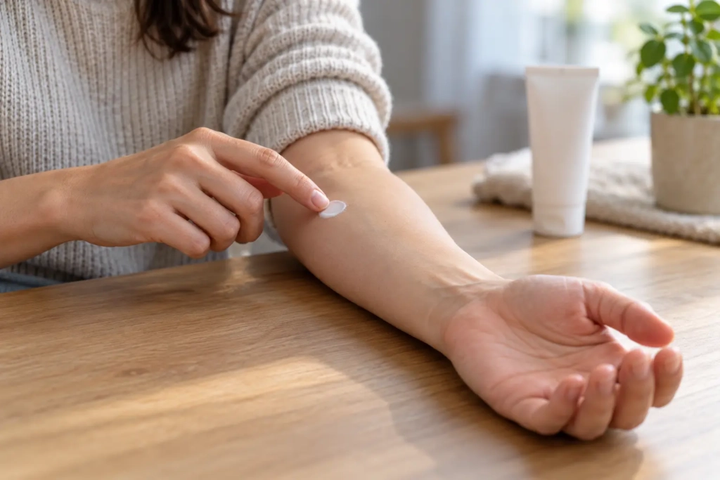 Adult applying a small amount of cream to the inner forearm with a fingertip.