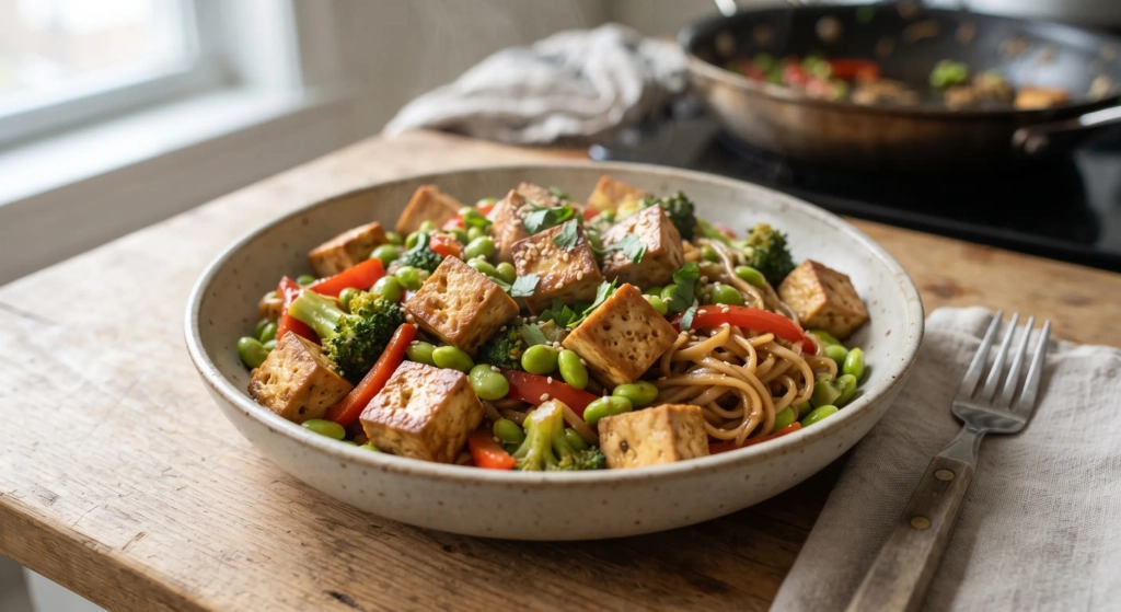 Golden tofu cubes, edamame, broccoli, and red peppers served over noodles.