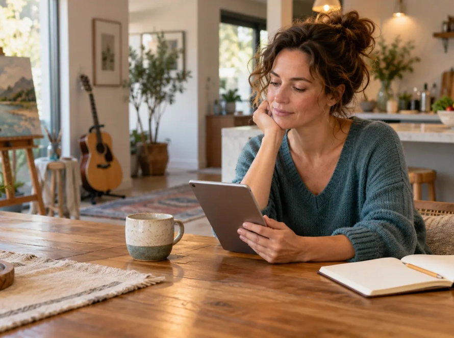 Woman reading an ebook at home with a notebook beside her.