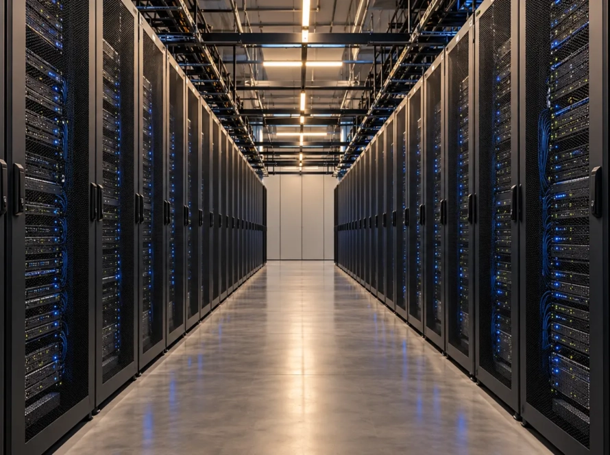 Rows of server racks inside a modern data center.