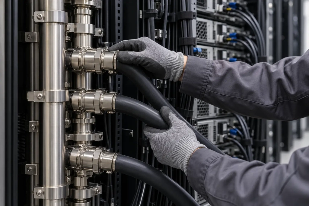 Technician inspecting liquid cooling hoses and connections behind a server rack.
