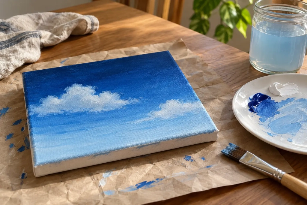 Small blue acrylic sky painting with a brush and blue-and-white paint palette.