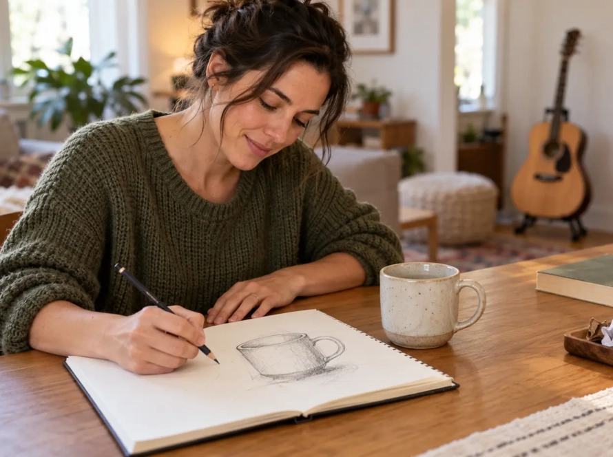 Woman sketching a ceramic mug at a table beside a closed book and paper scraps.