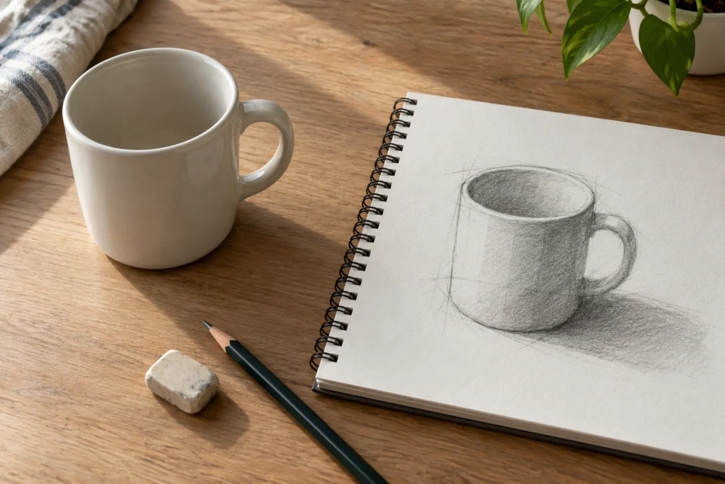Ceramic mug beside a beginner pencil sketch with light, medium, and dark shading.