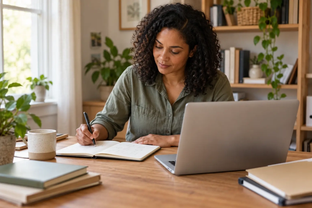 Small business owner planning a workflow with a notebook and laptop.