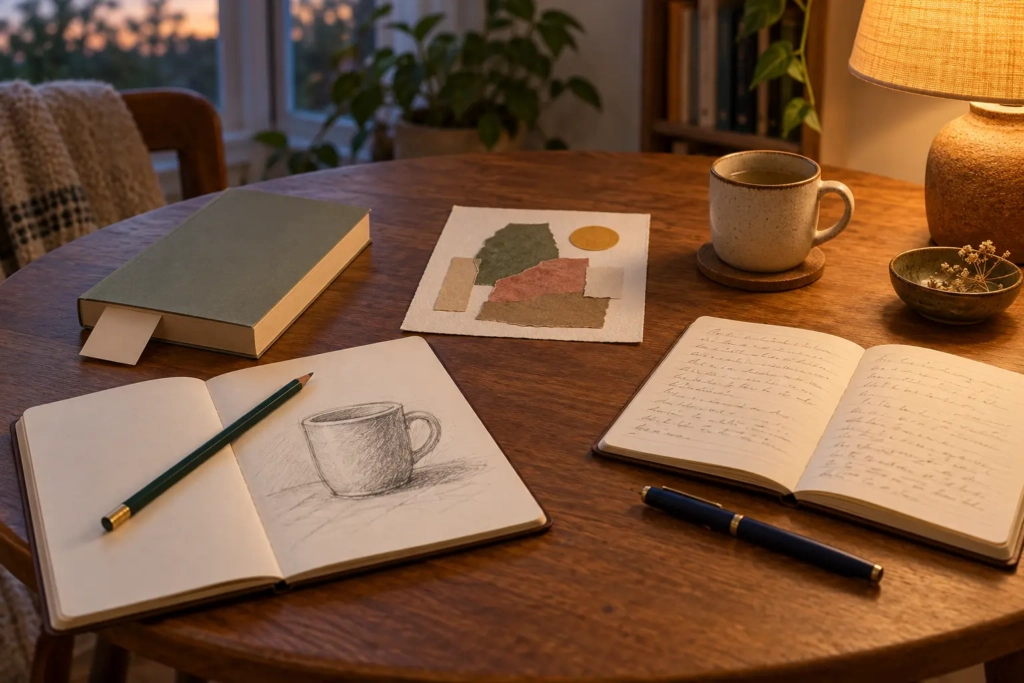 ook, sketchbook, notebook, and small paper collage arranged on a side table.