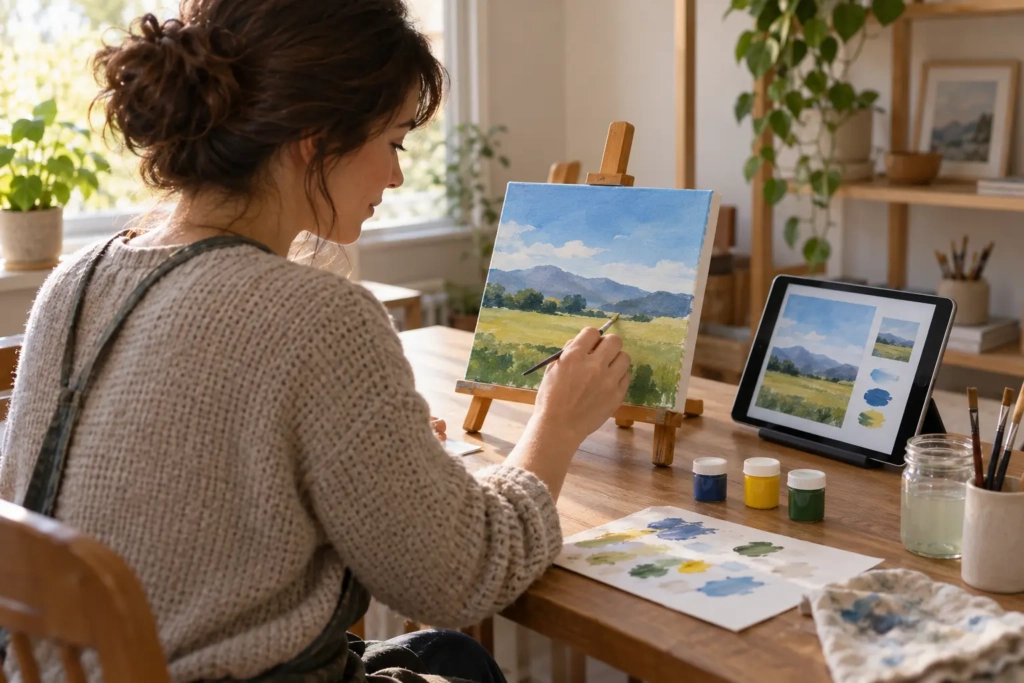 Beginner practicing acrylic painting with an ebook lesson nearby.